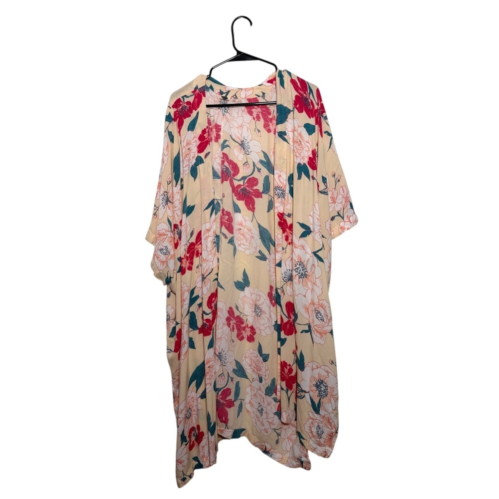 Roxy Tropical Bohemian Floral Kimono‎ Cardigan Cream Pink Open Front Size XS/S